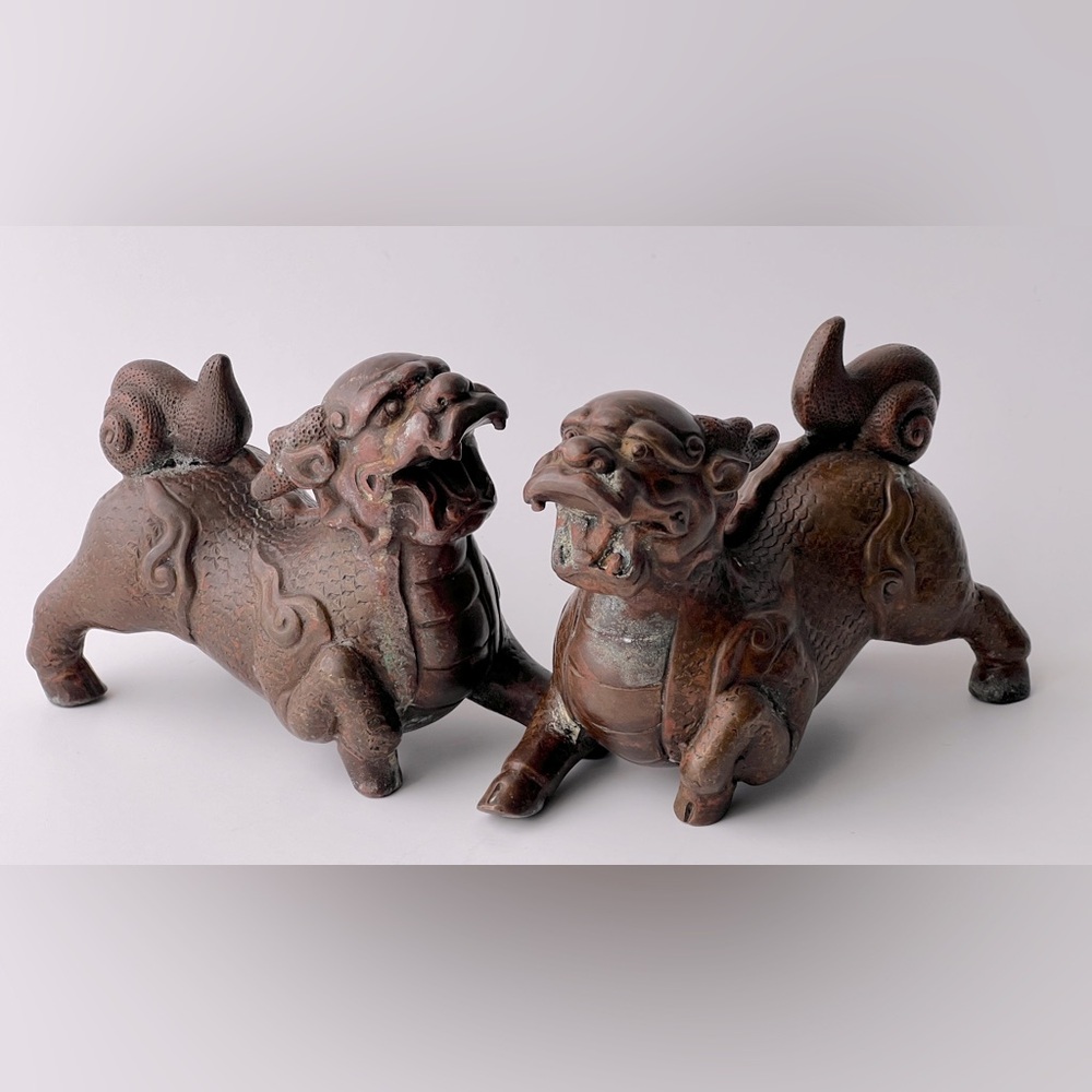 Vintage Chinese Foo Dogs Bronze Copper 6”x4” - Picture 2 of 8
